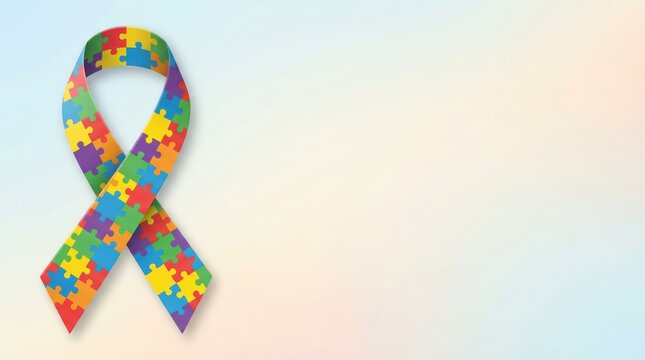 Colorful puzzle ribbon on pastel background for autism awareness day design. World ADHD Awareness Day. Horizontal banner. Copy space. Mental health. Attention deficit hyperactivity disorder