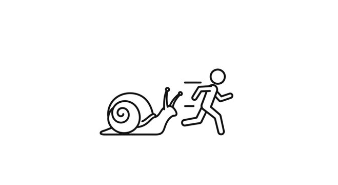 Ironic pursuit: A stick figure sprinting in exaggerated fear from a rapidly advancing snail vector
