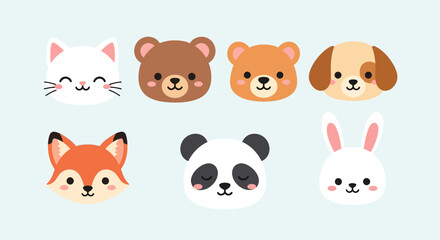 Obraz premium Cute cartoon animal faces illustration including cat, bear, dog, fox, panda, and rabbit.