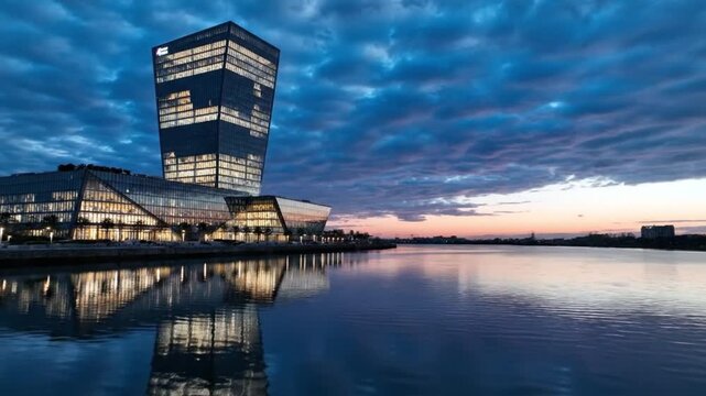 Modern glass building with sharp angular design reflecting on calm water under cloudy sky at dusk, creating serene and striking scene