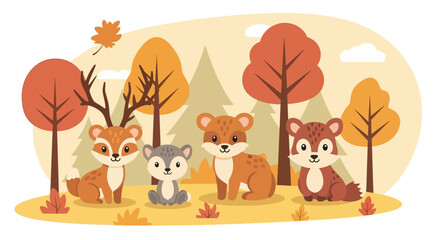 Naklejka premium Autumn forest scene with animals sitting together peacefully outdoors