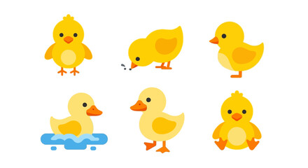 Naklejka premium Six yellow cartoon ducks play swim and waddle on water