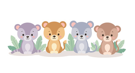 Naklejka premium Four cute cartoon bears sitting among green leaves on the ground