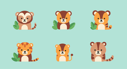 Fototapeta premium Cute animals peek out from green leaves on a light blue background.