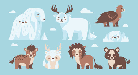 Obraz premium Animals such as polar bear, reindeer, and penguin stand together on ice.