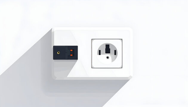 Electric outlet and jack on white wall with shadow minimalist style interface design