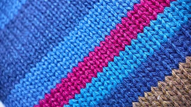 Close up view of colorful striped knitted wool fabric texture