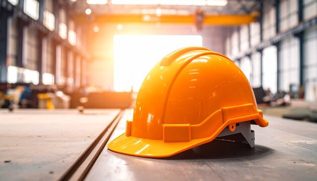 "A bright orange construction safety helmet placed on a flat surface inside a large industrial warehouse. The background features structural beams, wide windows streaming sunlight, and an overhead cra