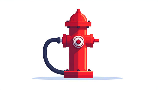 Red cartoon-style fire hydrant with attached black hose on a white backdrop