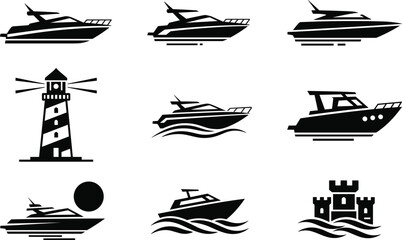 Nautical icon set featuring luxury yacht silhouettes, lighthouse beacon, and sand castle in a bold black and white flat vector style. © Foredul