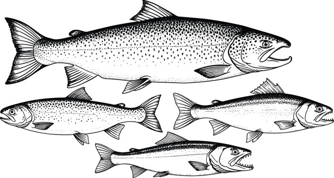 Vintage trout and salmon fish vector illustration set featuring detailed hand drawn engraving style for fishing menu and outdoor adventure design.