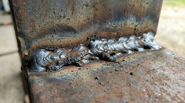 Angle weld seam on rusty steel joint background for industrial maintenance and metalwork repair reference