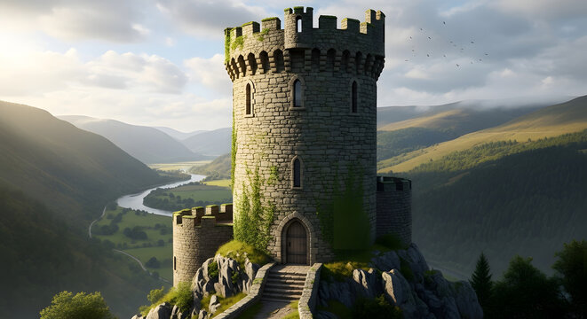 Ancient stone castle tower on rocky outcrop.