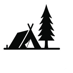 Camping tent and pine tree silhouette icon representing outdoor adventure and forest recreation in a minimalist black flat vector design © Azwir