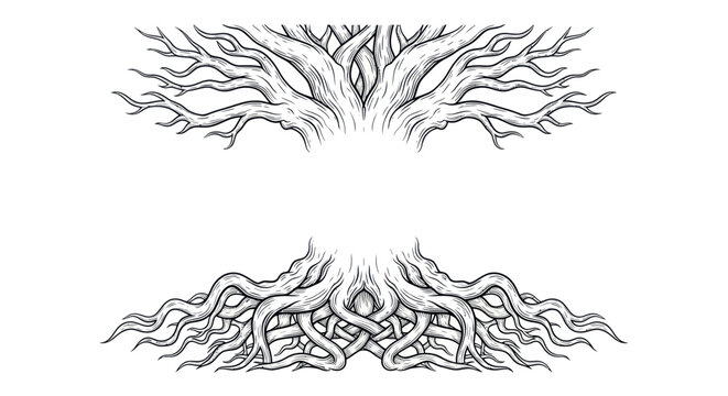 Intricate Tree of Life illustration with roots and branches, Celtic knot design