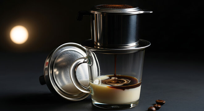 Vietnamese coffee being brewed with a phin filter dripping into a glass with condensed milk.