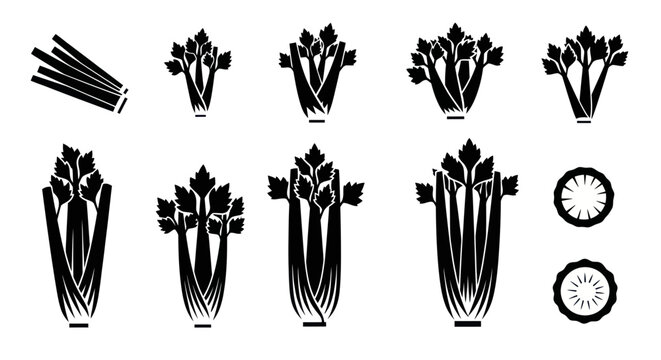 Celery Stalks and Slices Icon Set - Black and White Vector Illustrations