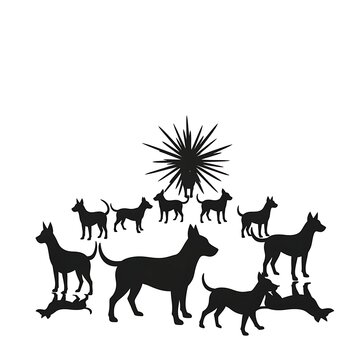 Black silhouette of multiple dogs playing.