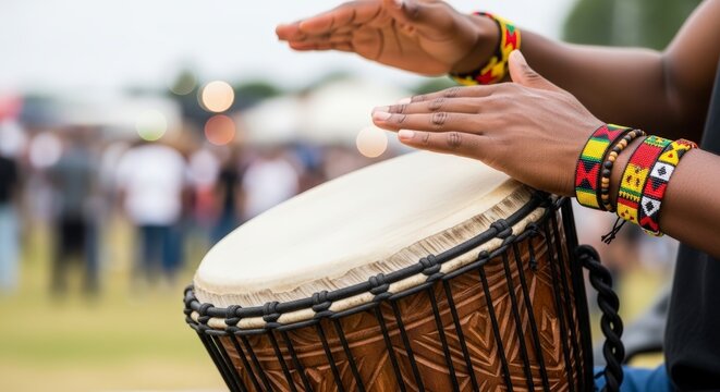 Hands playing traditional african djembe drum.