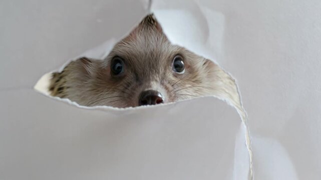 A curious dog peeks through a torn paper background with its face.