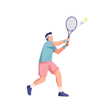 Male tennis player hitting a forehand during a match, active lifestyle, flat design