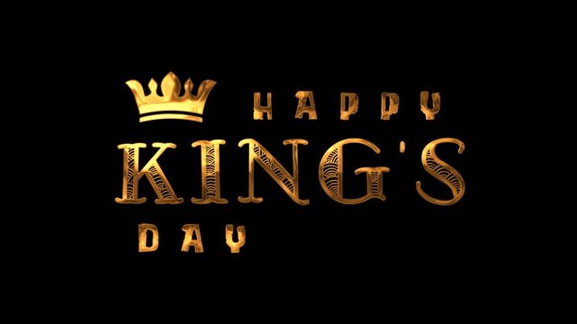 Happy kings day text animation in gold with a crown, ideal for event invitations, posters, banners, greeting cards, and social media posts.