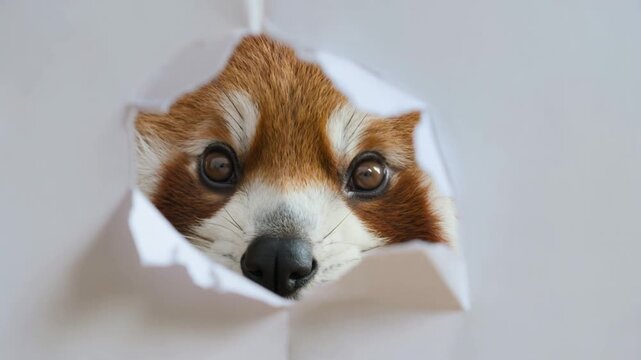 A curious red panda peeks through a torn paper with big eyes