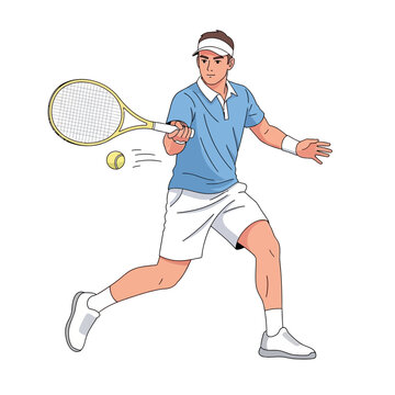 Male tennis player hitting forehand shot with racket and ball, athletic action