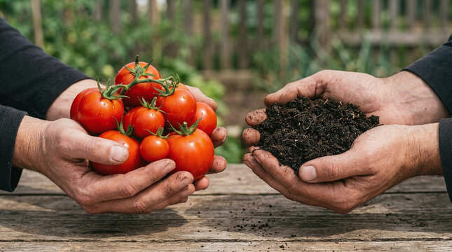 Conceptual shot of hands presenting ripe tomatoes and fertile dark earth symbolizing regenerative agriculture.