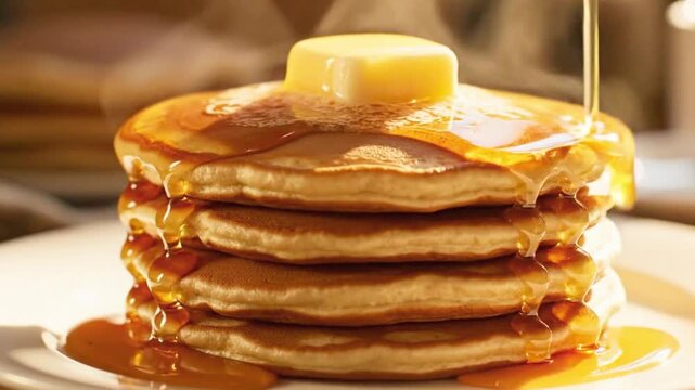 Delicious stack of golden pancakes with melting butter and dripping syrup, a perfect breakfast treat.