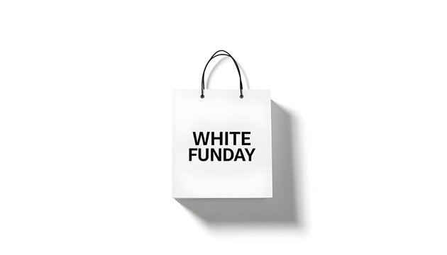 A white shopping bag with the words WHITE FUNDAY printed on it hangs from a handle against a plain white background.