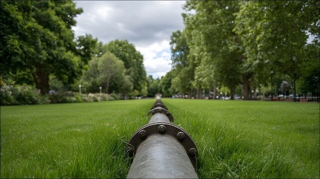 A low angle eye level view down a long metal pipe running through a manicured green park with mature trees lining the sides under a cloudy sky