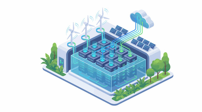 Isometric blue isometric data center with green server rows and renewable energy sources in white minimalistic scene