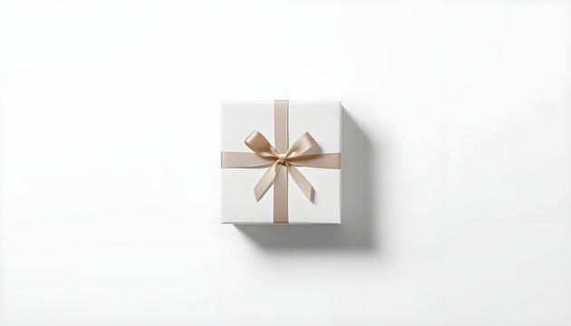 A beautifully wrapped white gift box with a gold ribbon on a plain white background