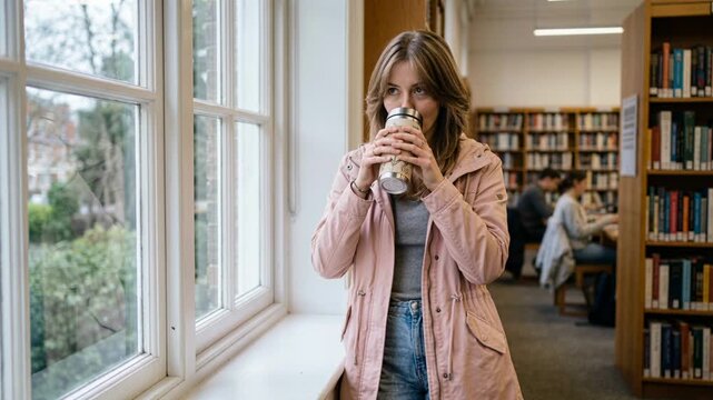 Young female student standing by a window in a university library. Iranian woman drinking from a thermal mug and looking outside thoughtfully. Academic life and student reflection concept