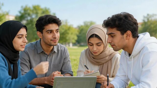 Group of diverse students studying together on a university campus. Four young people, including women in hijabs, collaborating on a project with a laptop. Iranian students in higher education concept