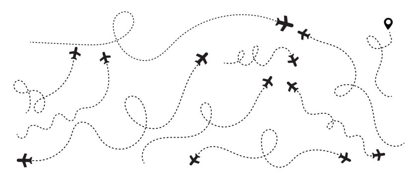Airplane route icons with dotted flight paths. Airplane line path icon set. Airplane routes vector set. Plane flight path vector set. 