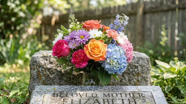 Colorful bouquet of flowers on a mother's grave. Close-up of a headstone engraved with Beloved Mother Elizabeth in a cemetery. Memorial and remembrance concept