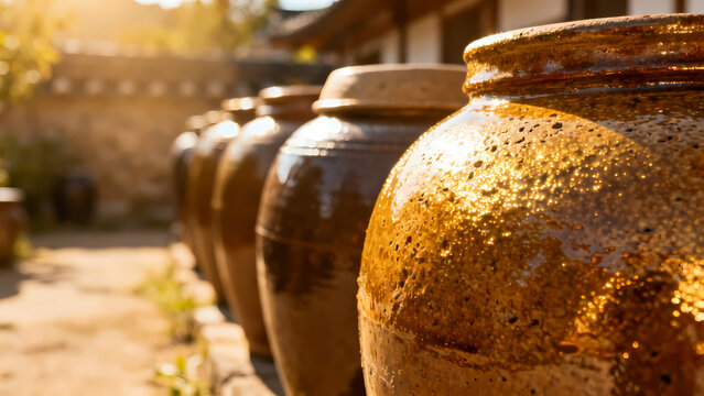 Traditional Korean clay jars Onggi in a row with golden sunset lighting and earthy texture