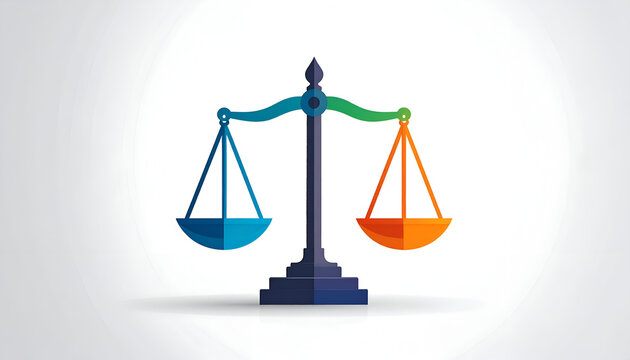 Balance scale graphic illustration in blue green and orange colors for justice concept