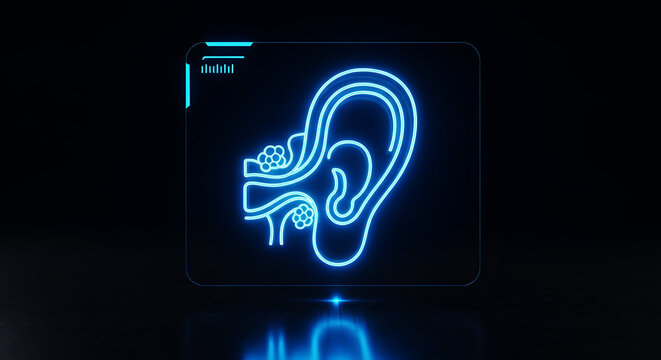 Futuristic Neon Blue Human Ear Anatomy Icon on Digital Screen Interface