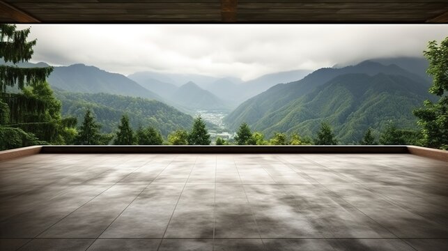 Modern Patio Overlooking Misty Mountain Range