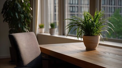 Fototapeta premium A potted green plant sits on a wooden desk next to a window with a blurred urban city view bathed in soft sunlight
