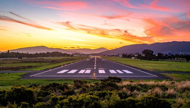 A stunning aerial view captures an airport runway stretching towards distant mountains bathed in the warm hues of a vibrant sunset.