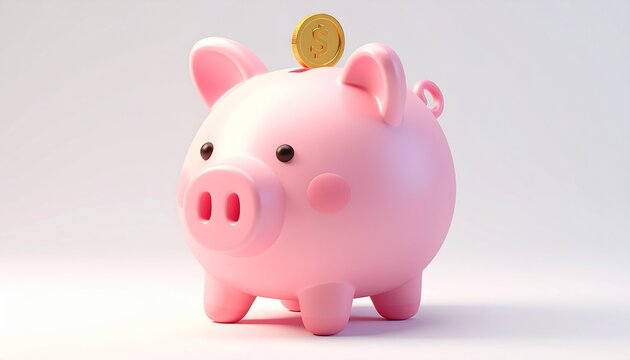 Cute 3D Piggy Bank Icon with Coin in Pastel Style Isolated on White Background