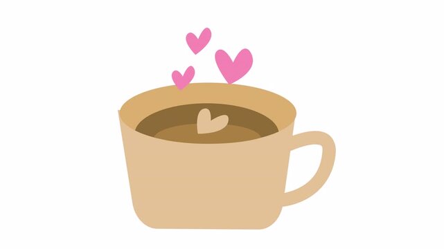 Cup of hot coffee with heart latte art in an alpha channel. Flat design coffee mug with floating pink hearts in cartoon animation. Cozy morning beverage icon with cute heart accent for cafe menu.