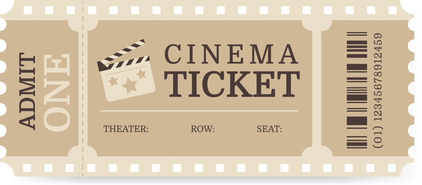 Vector template of a single movie ticket with a tear-off quarcode on a white background in retro style.