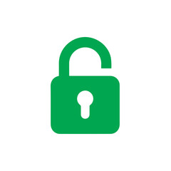 Bright green open padlock icon symbolizes security access and freedom on a white background. © esman