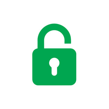 Bright green open padlock icon symbolizes security access and freedom on a white background.