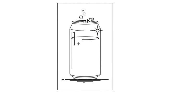 Minimalist vector outline of an opened carbonated beverage can with effervescent bubbles and a